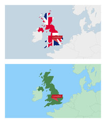 United Kingdom map with pin of country capital. Two types of United Kingdom map with neighboring countries.
