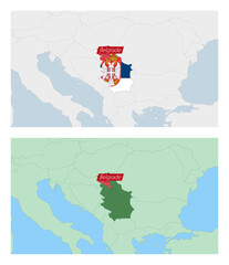 Serbia map with pin of country capital. Two types of Serbia map with neighboring countries.