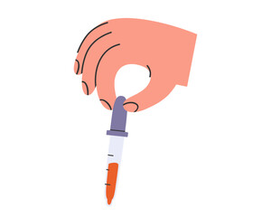 Hand drawn cute illustration of hand with dropper. Flat vector laboratory equipment in simple colored doodle style. Medicine, blood test sticker, icon or print. Isolated on white background.