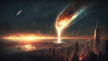 Fototapeta na wymiar Title illustration of meteor shower fall into earth's atmosphere make fire trail in sky and crash on urban city building , nature calamity disaster, generative ai