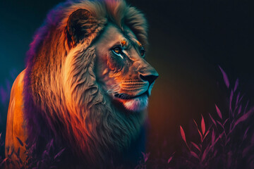 mighty lion standing on the savanna, with color gradient background, generative ai