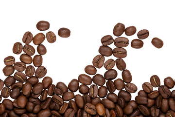 A lot of roasted coffee beans in a placer, in the form of sea waves, fly and levitate, on a white background, isolate