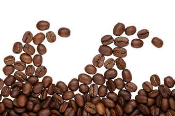 A lot of roasted coffee beans in a placer, in the form of sea waves, fly and levitate, on a white background, isolate