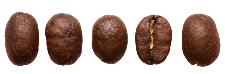 Five roasted brown coffee beans, of different shapes and sizes, are arranged in a row, macro photography, isolate