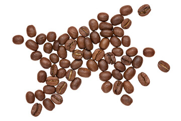 A scattering of brown coffee beans in the form of an explosion, beans flying in all directions, isolate