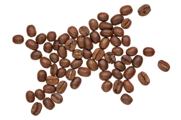 A scattering of brown coffee beans in the form of an explosion, beans flying in all directions, isolate