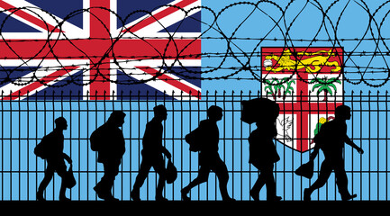Flag of Fiji - Refugees near barbed wire fence. Migrants migrates to other countries.