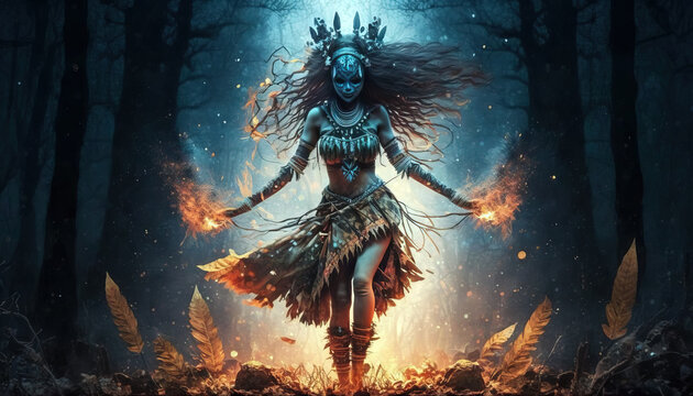 Shaman woman / witch evoking spirits in a mysterious night forest. Post-processed generative AI