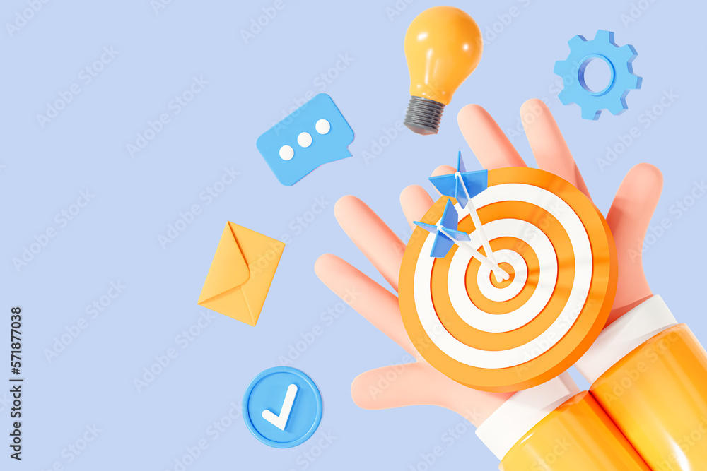 Poster 3d business target concept. character hands with productive project management. employee with ideas 