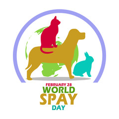 A cat standing over a dog with a rabbit and frame with bold text on white background to commemorate World Spay Day on February 28