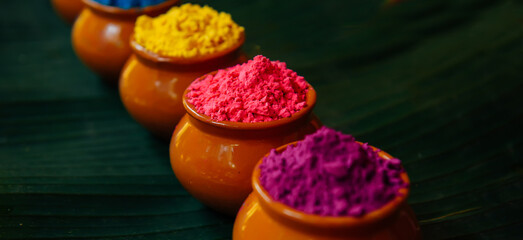 Various Holi paints in pots on a large green palm leaf. Colorful background for the national Indian...