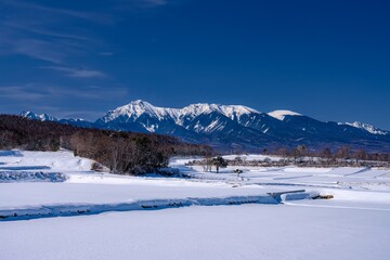 Fototapeta na wymiar 長野県・川上村 雪原と冬の八ヶ岳の風景（広角画角）
