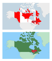 Canada map with pin of country capital. Two types of Canada map with neighboring countries.