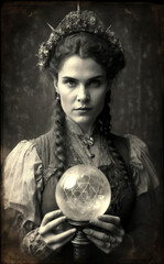 Mystic woman with crystal ball in vintage style photograph Generative AI