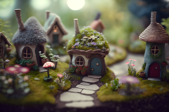 A nostalgic and whimsical fairy garden with tiny houses and flowers, tilt-shifted, macro, closeup, Generative AI