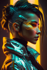 Sideways close-up portrait of a young beautiful cyberpunk woman wearing augmented reality goggles. Generative AI 
