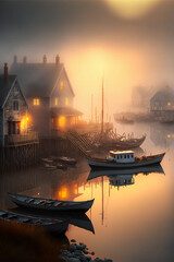 Mist at sunset on the fishing port, digital art, generative AI