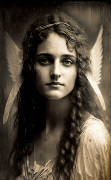 Woman wearing Valkyrie headdress poses in vintage style photograph Generative AI
