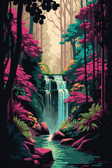 Colorful abstract waterfall in the forest, Generative AI