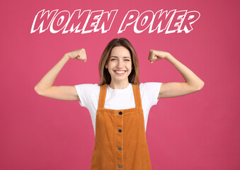 8 March greeting card. Phrase Women Power and strong young girl on pink background