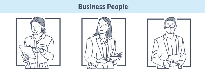 Illustration set of a business people using a digital tablet, modern line illustration, simple colors, clean lines, fun, cartoon style.