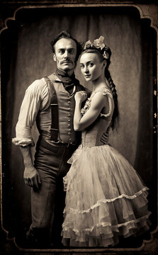 Circus performer couple pose in vintage style photograph Generative AI