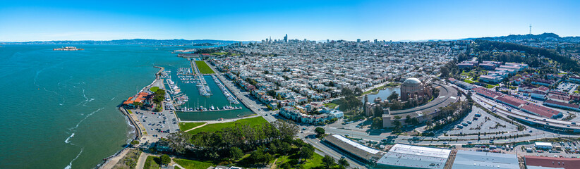 San Francisco Aerial view of the coast piers and townton from Marina Green