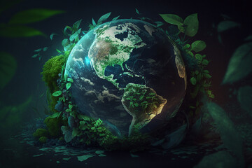 Green floral planet Earth, Earth Day concept background, Generative AI