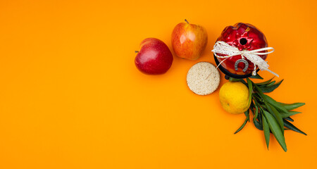 Ripe apples, matzah, pomegranate and ripe tangerine on a branch on an orange background