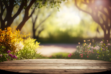 Empty wooden table for product placement with focus to the table top, blurred bokeh spring garden background, Generative AI