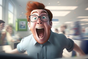 an illustration of a fictional excited, cheering office worker as a cartoon character, celebrating achivement