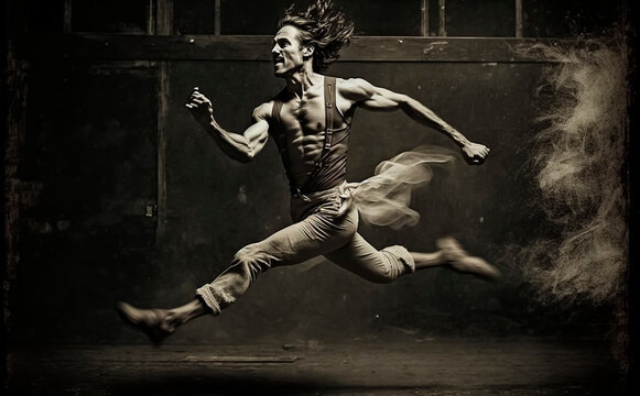 Male ballet dancer leaping vintage damaged photograph style Generative AI