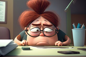 an illustration of a tired and exhausted female office worker with burnout as a cartoon character - obrazy, fototapety, plakaty