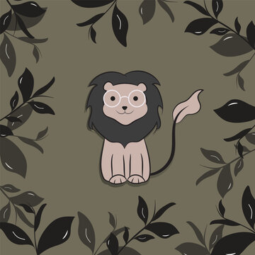  cute lion in wood cartoon illustration