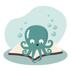 simple vector illustration octopus reading book