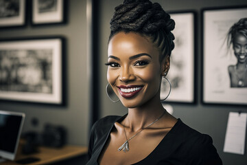 Black business woman in an office, smiling, generative AI