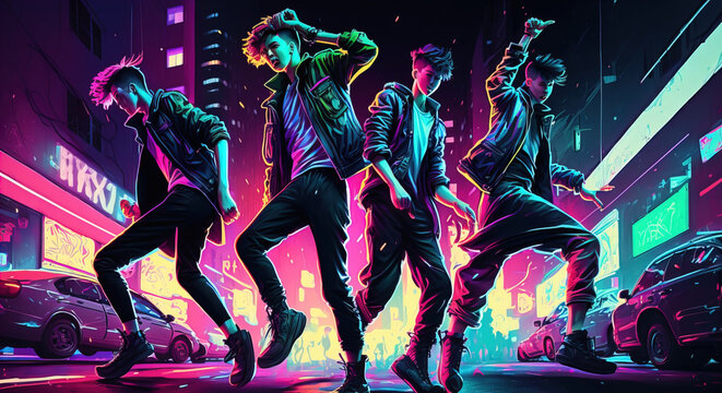 Four young k-pop dancers with neon lights dancing at the street on the night. AI generative illustration