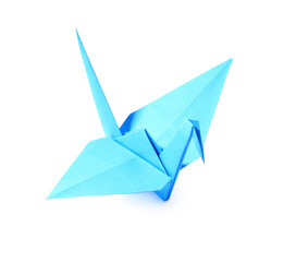 Origami art. Blue handmade paper crane isolated on white, above view