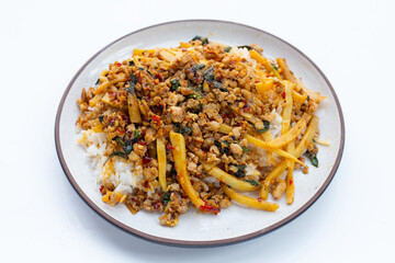 Rice with spicy stir fried pork with holy basil and preserved bamboo shoot