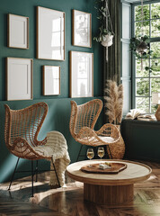 Frame mockup in home interior with rattan furniture and decor,  dark green living room, 3d render