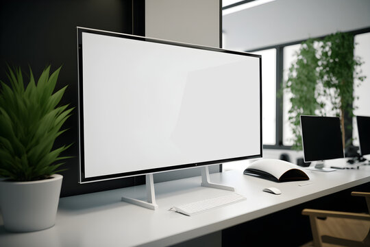 Blank white wide LED screen mockup in office environment, empty space for advertisement, Modern open plan office space interior
generative ai, LED tv white screen in business room with copy space