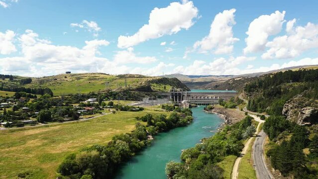 Roxburgh Hydro Dam On The Clutha River In Central Otago, South Island Of New Zealand. wide aerial