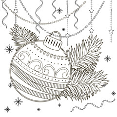 Contour drawing of a Christmas ball with a doodle pattern. Decorative element for the design. Anti-stress coloring book for children and adults.