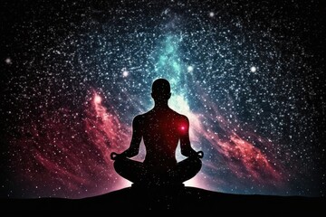 Silhouette of a man sitting with his legs crossed meditating with a galaxy background generative ai