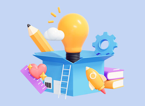 3D Creative Box. Think Outside The Box. Create Ideas And Solutions.  Achieve The Goal. Business Development And Innovation. Cartoon Creative Design Icon Isolated On Blue Background. 3D Rendering