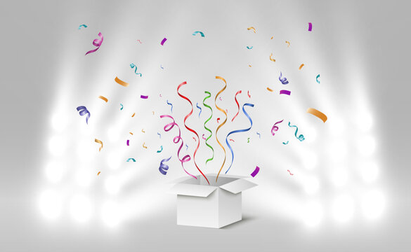 	
Box with flying confetti.Illustration for the holiday.
