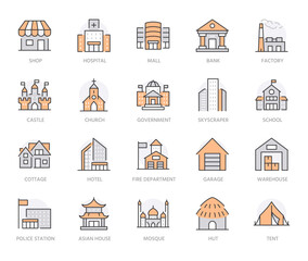 Building line icons set. Hospital, hotel, bank, mall, skyscraper, government city hall, castle, police minimal vector illustration. Simple flat outline sign for web app. Orange color. Editable Stroke