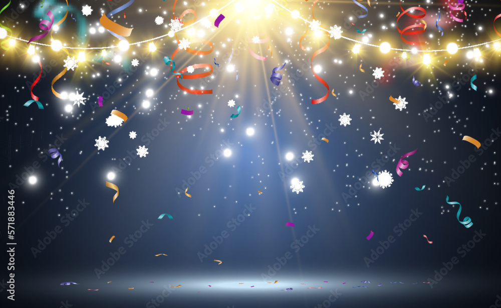 Poster Lots of colorful tiny confetti and ribbons on transparent background. Festive event and party. Multicolor background.Colorful bright confetti isolated on transparent background.