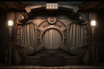 Vintage sci-fi art deco texture on victorian theater hall interior full of mechanical steampunk decoration and retrofuturistic television screens on stage design illustration