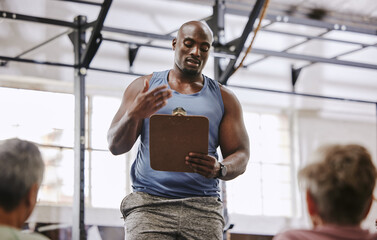Coaching, gym checklist and black man talking to senior clients at training introduction, welcome...